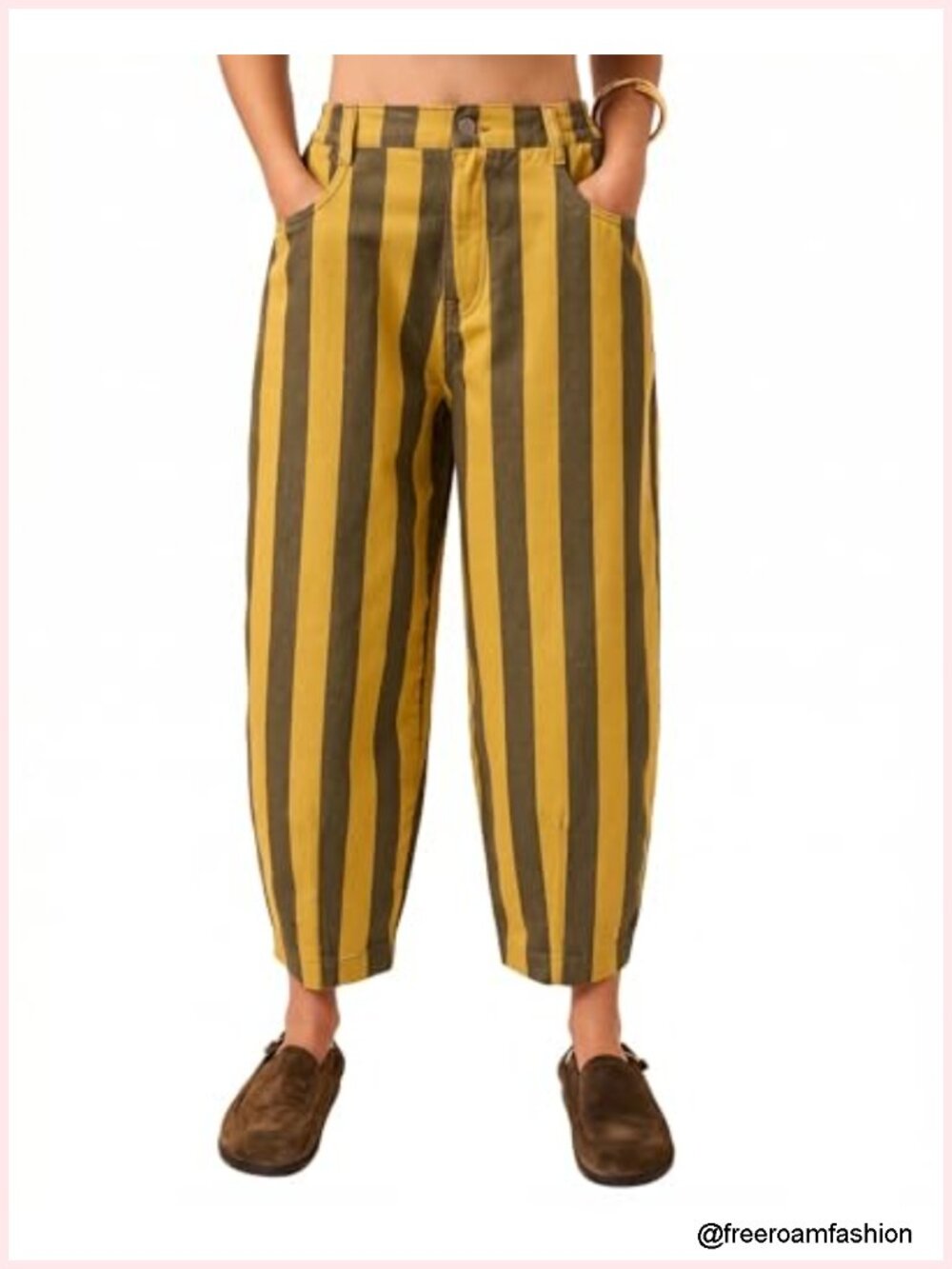 Women Striped Barrel Jeans Elastic Waist Baggy Wide Leg Cropped Ankle Boyfriend